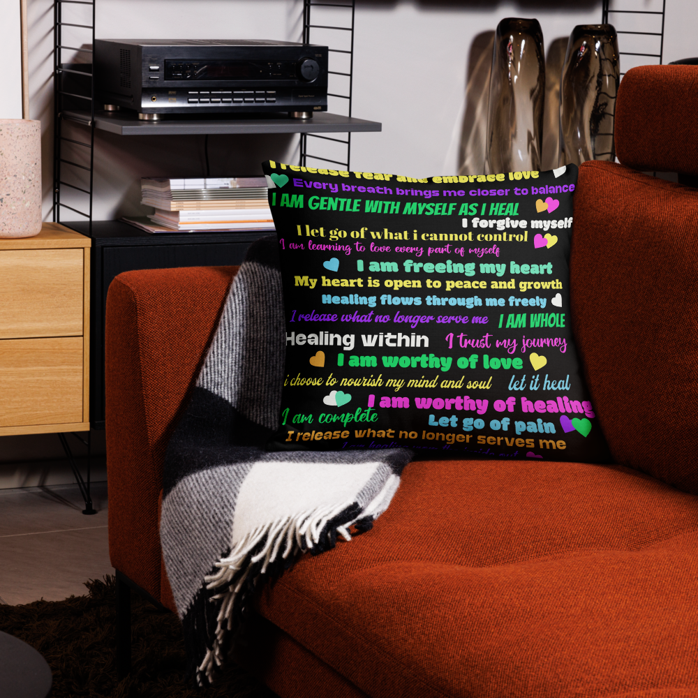 “Healing Within” Rainbow Affirmation Premium Pillow – Self-Love, Growth & Energy Balance